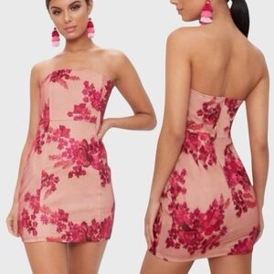 PrettyLittleThing Fuchsia Bandeau Embroidered Lace Bodycon Dress Women’s Size 8